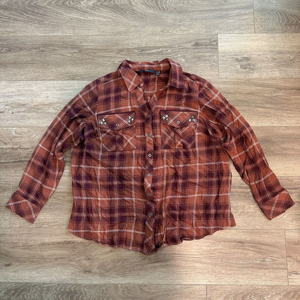 Studded Pocket Plaid Button Down Western Boho Grunge Shirt Rust Brown Size 18W